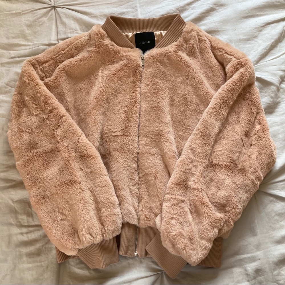 Beige Faux Fur Bomber Jacket